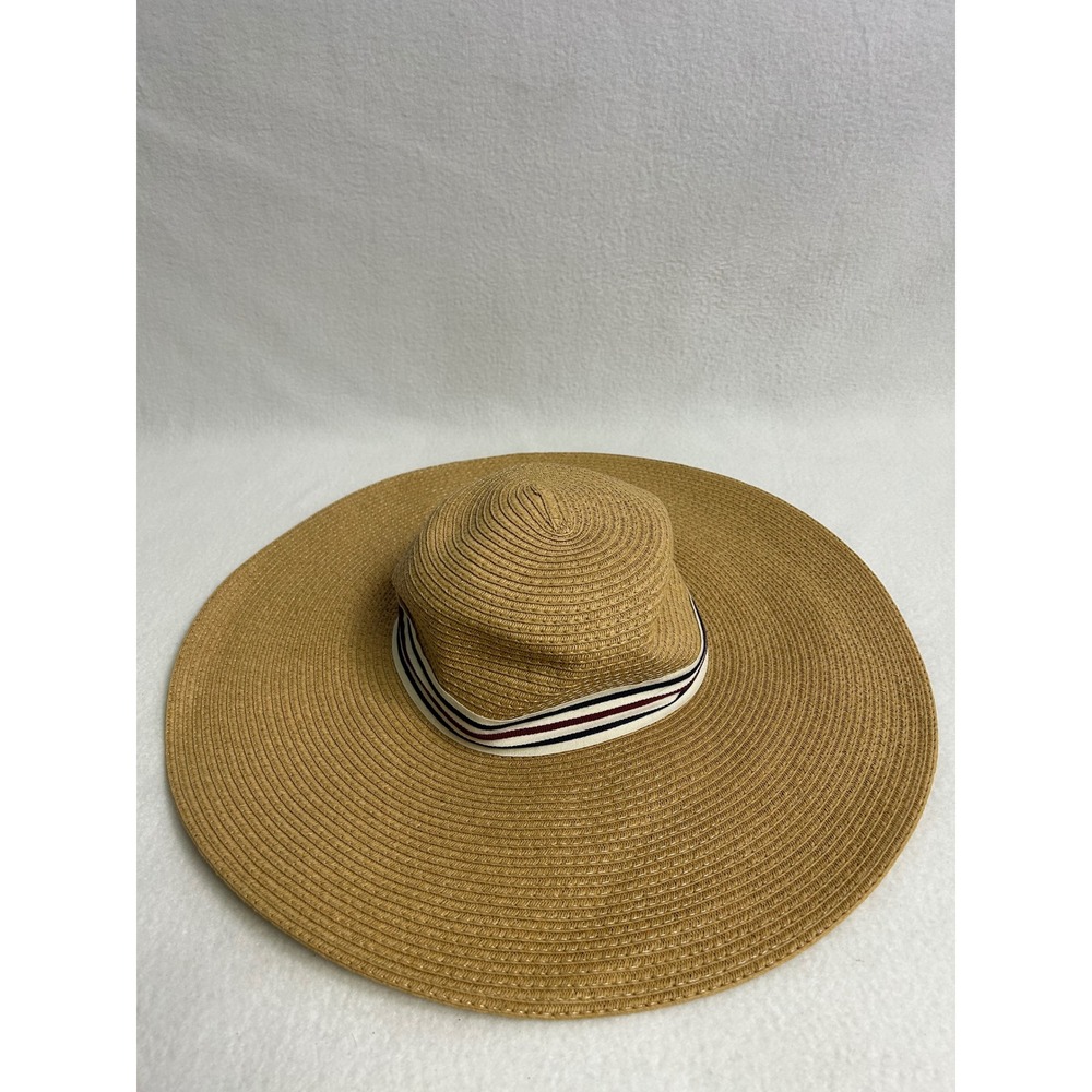 Beach Vacation Express Womens OS Tan Wide Brim Floppy Straw Sun Hat Striped Band